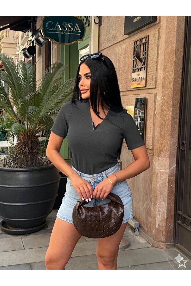 Women's Anthracite V-Neck Short Sleeve Stretchy Blouse