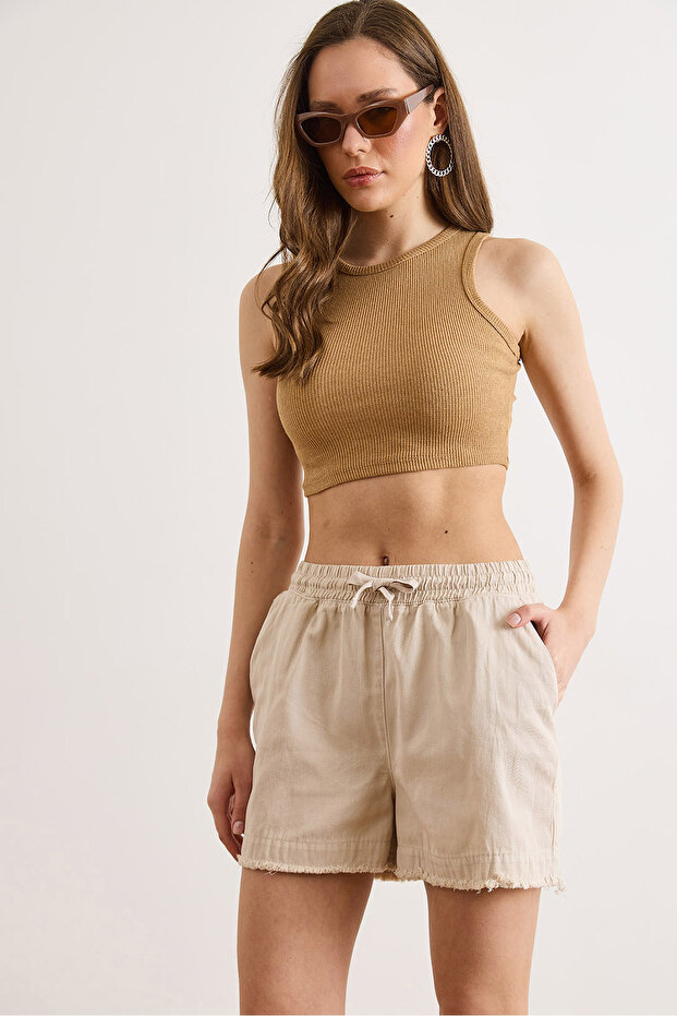 Women's Stoned Tassel Pocket Cotton Washed Shorts Shrt-19000086