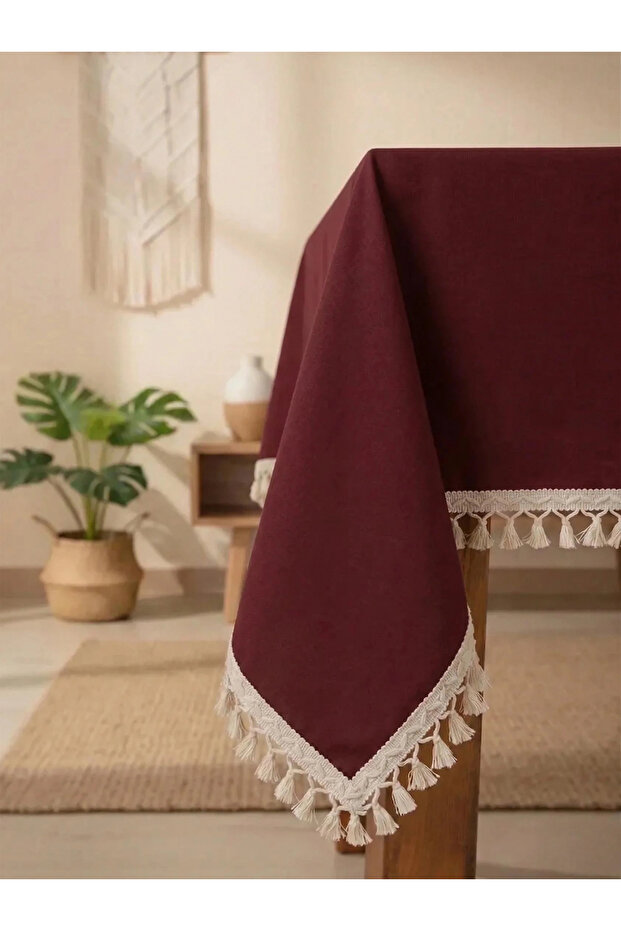 Burgundy Cotton Linen Raw Pompom Tablecloth