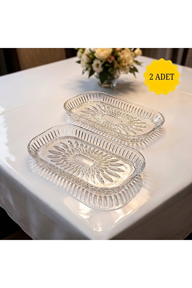 طقم من 2 طبق زجاجي مستطيل الشكل بنمط قطرات - طبق للوجبات الخفيفة والفواكه 29x17 سم