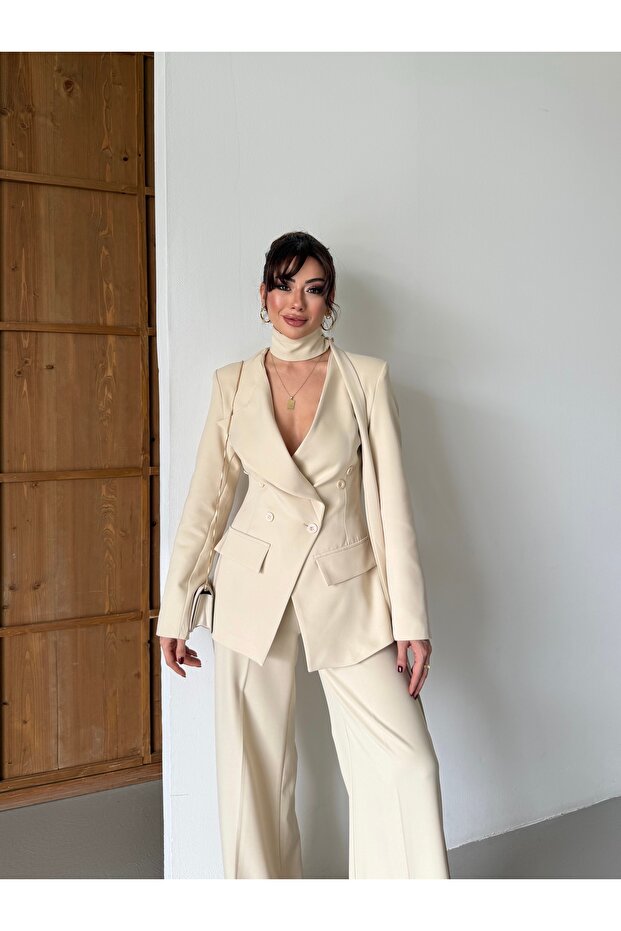 Women's Cream Shawl Detailed Buttoned Jacket Trousers Suit