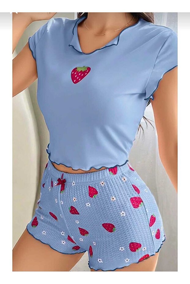 Blue Heart Crop Pajama Set with Shorts
