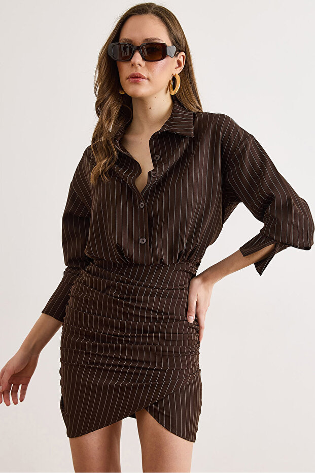 Women's Brown Skirt Double Breasted Buttoned Side Zipper Drape Detailed Mini Dress Elb-19002631