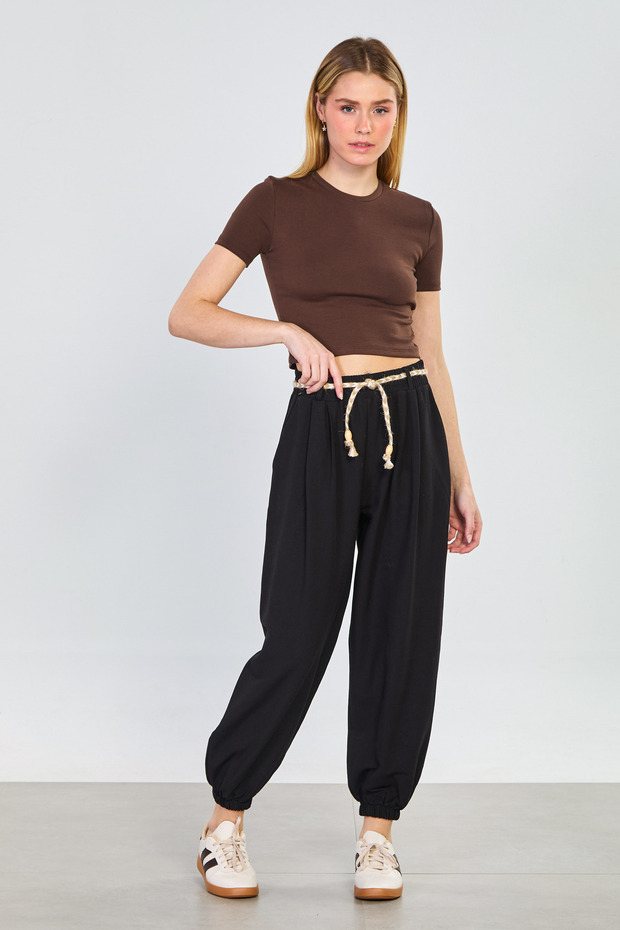 Women's Straw Belted Elastic Waist Pants - Black
