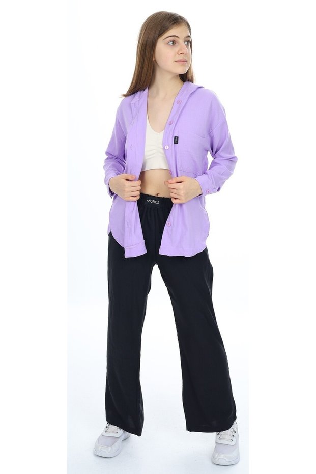 Girl's Shirt Hooded Button Closure Shirt Aerobin Fabric Lilac Color Double Set