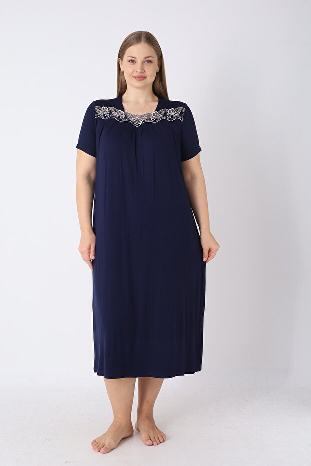 Women's Plus Size Viscose Nightgown Short Sleeve Lace Detailed Comfortable Fit