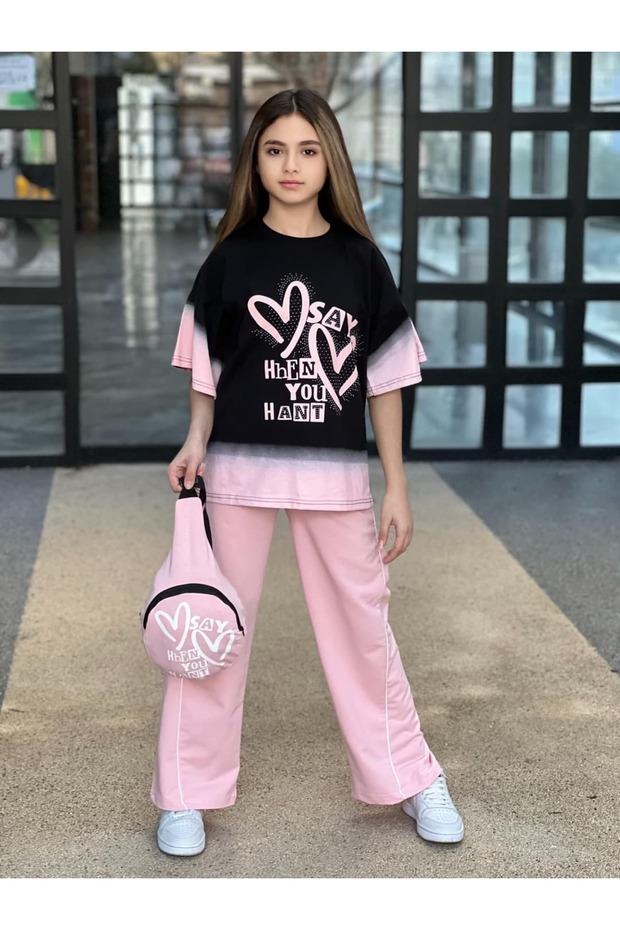 Girl's pant, t-shirt, and bag 3-piece set