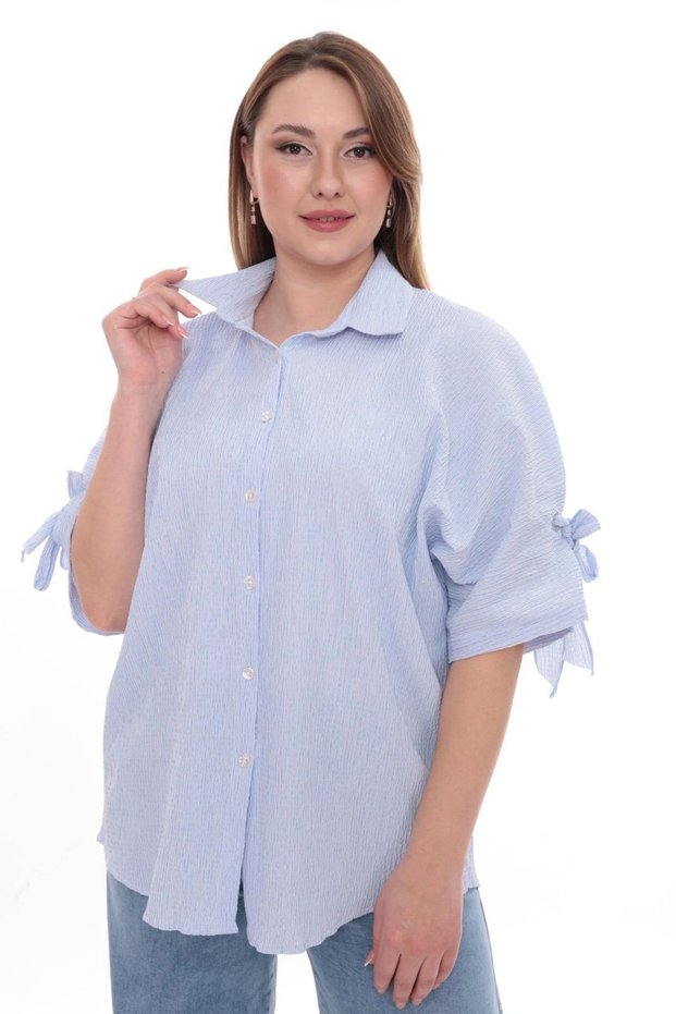 Plus Size Women's Cotton Shirt with Relaxed Fit, Buttoned, and Flounce Sleeve Detail
