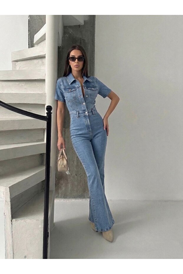 Short Sleeve Ice Cream Spanish Pleated Lycra Denim Jumpsuit