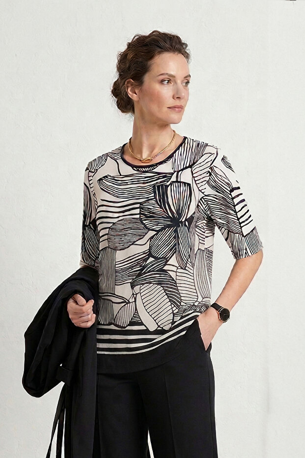 Women's Plus Size Lycra Crew Neck Mix Pattern Short Sleeve Mom T-Shirt Combed Cotton Blouse