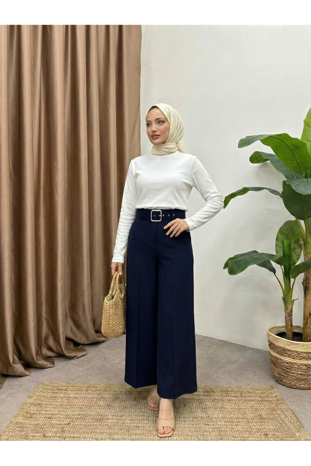 Belt Detail Trousers-Navy Blue