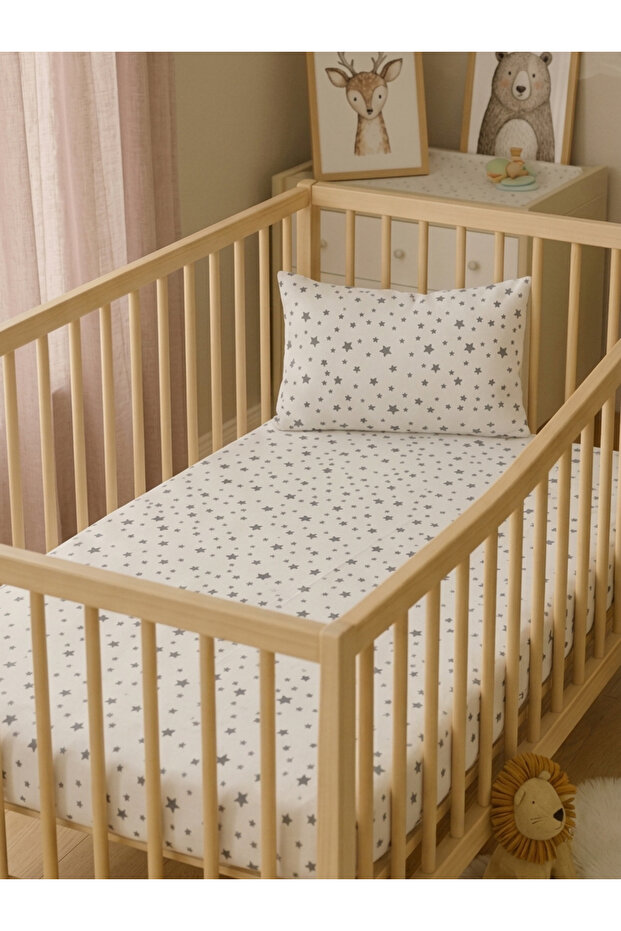Set of 2 100% Cotton Elastic Baby Sheets + Pillowcase Set Poplin 70X130 & 70X140 cm Compatible