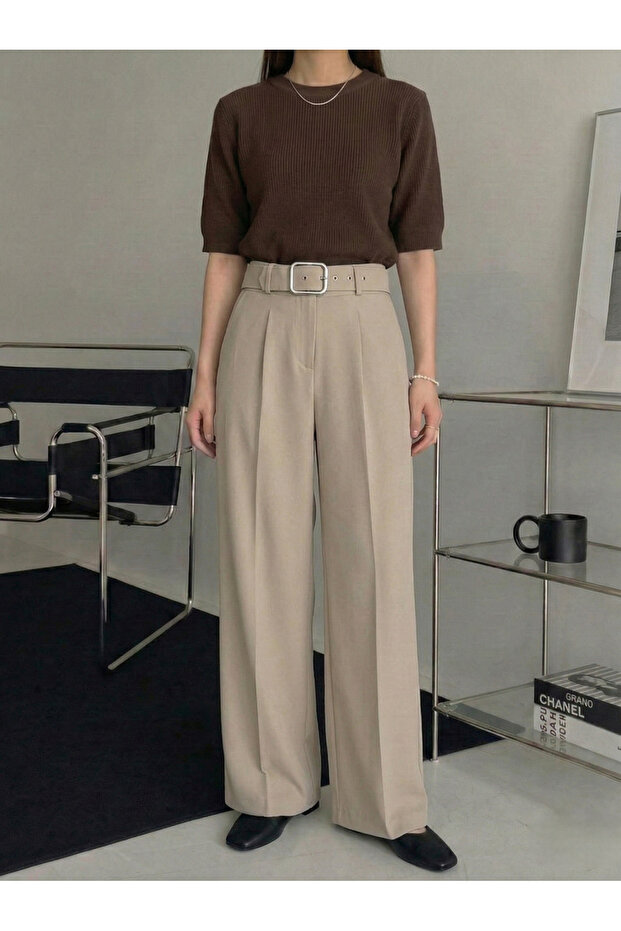 Belt Detail Pants-Stone
