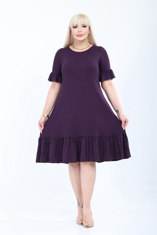 Plus Size Knee Length Sleeves and Skirt Ruffle Detailed Stylish Pocketed Viscose Combed Cotton Dress