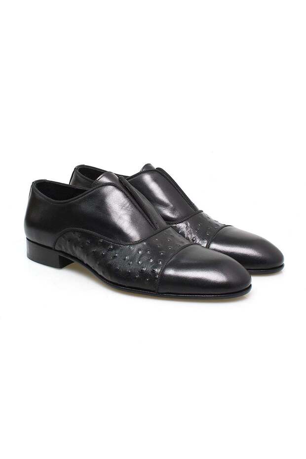 Black Color Laceless Genuine Leather Leather Sole Men's Shoes