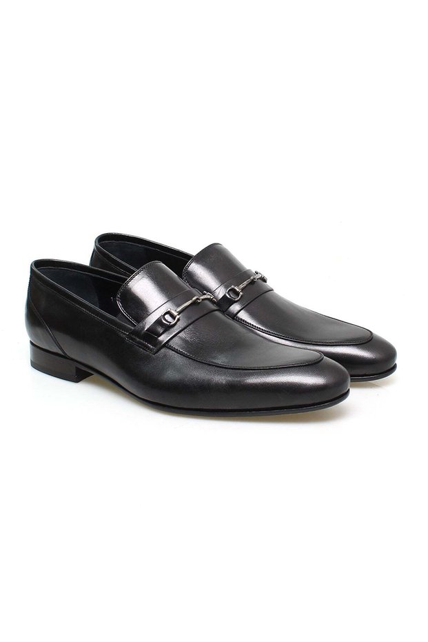 Black Color Laceless Genuine Leather Leather Sole Men's Shoes