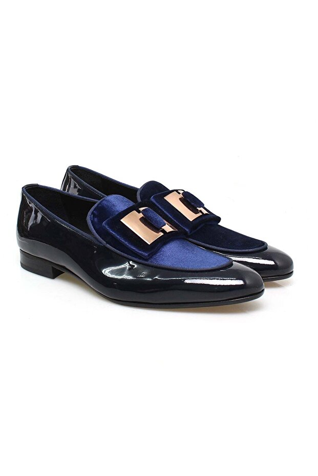 Dark Blue Color Laceless Genuine Leather Velvet Leather Sole Men's Shoes