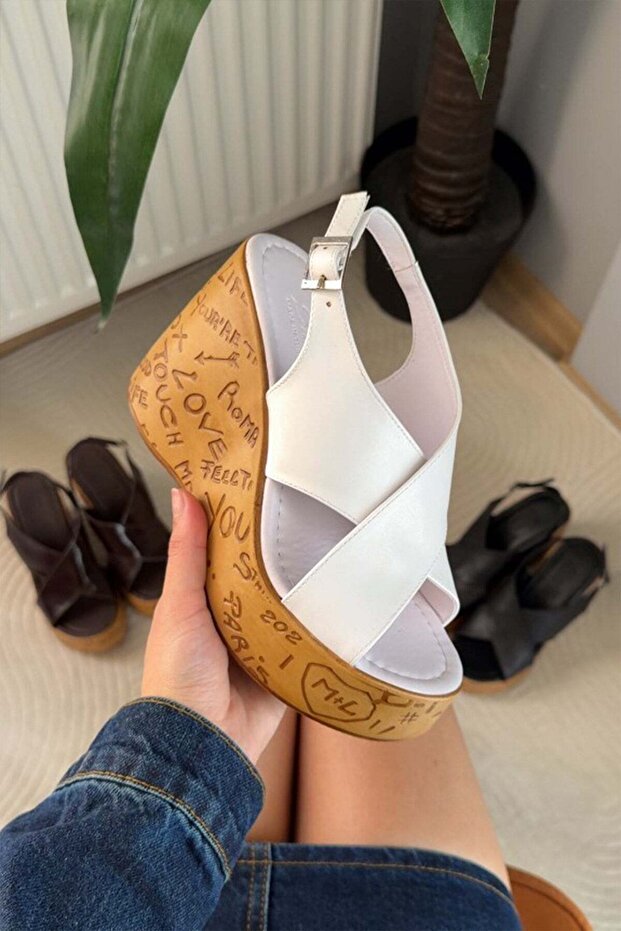 Women's Forge White 10 cm Padded Written Cork Sole Shoes & Sandals