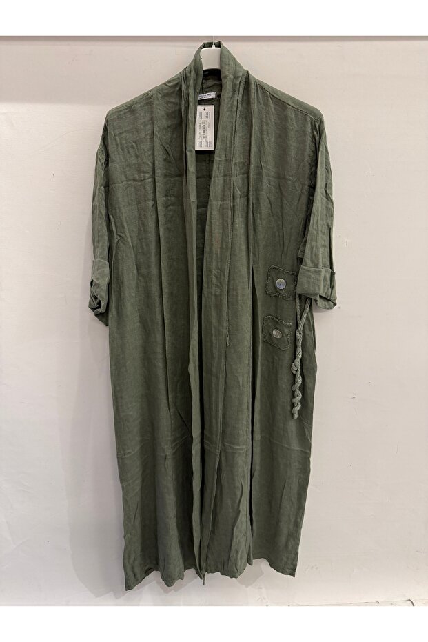 Women's Khaki Italian Skirt with Button Slit, Long Oversized Linen Kaftan, Sizes 38 - 46