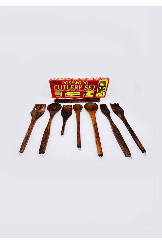 Wooden Cutlery Set 7 Pieces with Wall Hanging Stick – Handmade Wooden Kitchen Utensil Set - Rosewood