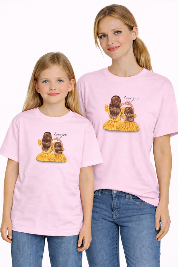 Mother Daughter Combination Oversize T-Shirt Twin T-Shirt Yellow Dress Printed (Single Price)