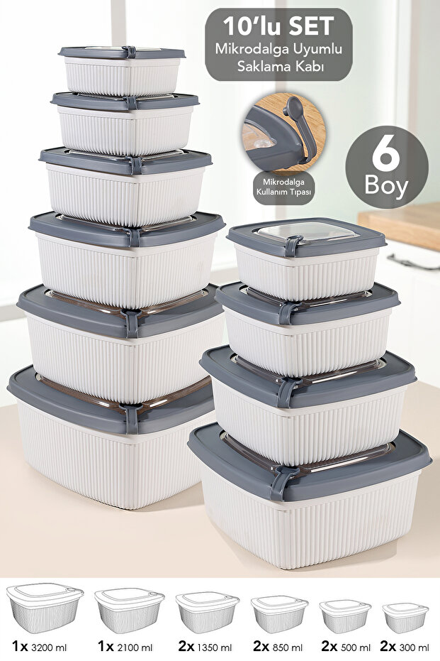 10-Piece Square Striped Microwave Lid Storage Container - Microwave Safe Organizer Food Container Gray