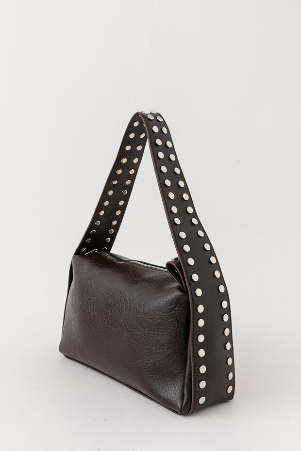 Nova Soft Leather Look Staple Detailed Bitter Brown Women's Baguette Hand and Shoulder Bag