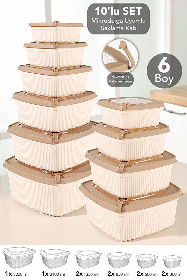 10-Piece Square Striped Microwave Lid Storage Container - Microwave Safe Organizer Food Container Beige
