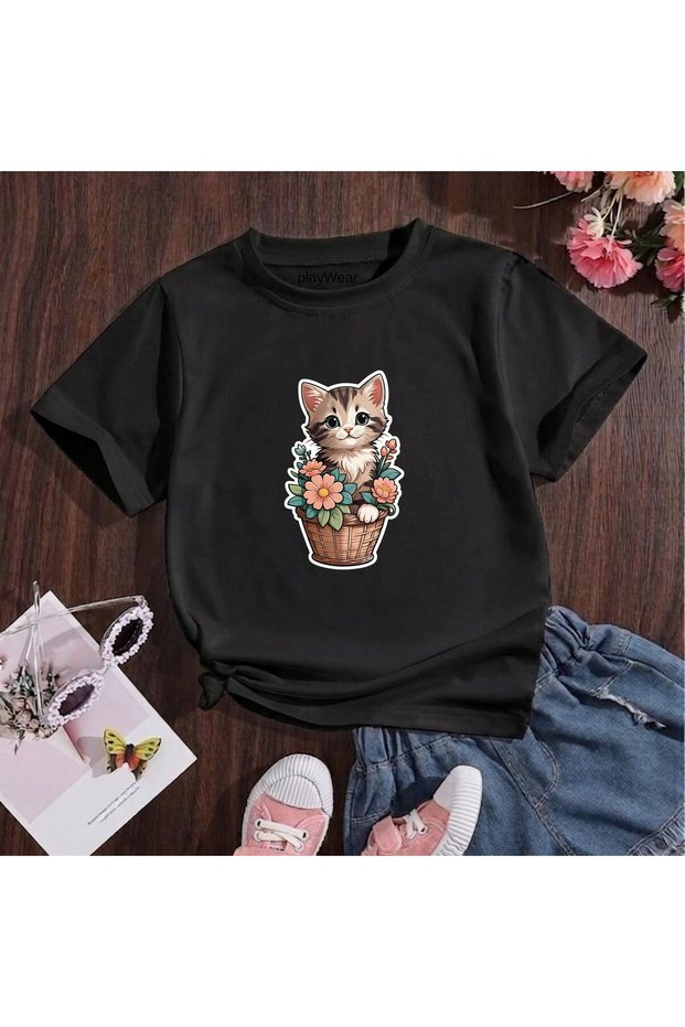Flowerpot Cat Bear Printed 100% Kids Unisex T-Shirt 5 6 -7 8-9 10 -11 12 Years Old