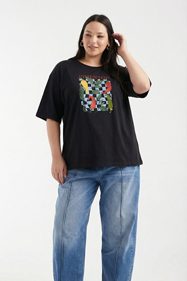 Women's Double Oversize T-Shirt Pimentón Printed Black – Crew Neck, Comfortable Fit, 100% Cotton