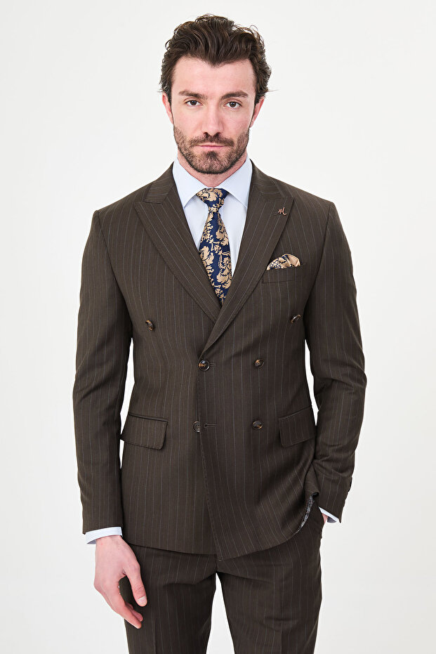 Striped Slim Fit Wide Collar Double Breasted Premium Wool Men's Suit Brown - 44318.26Y