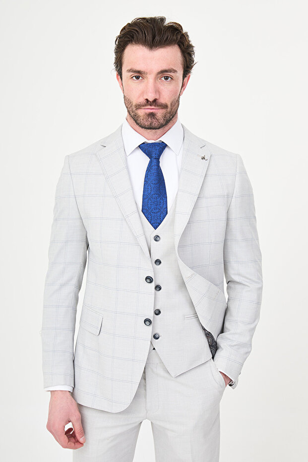 Plaid Slim Fit Mono Collar Men's Suit Gray - 45472.26Y
