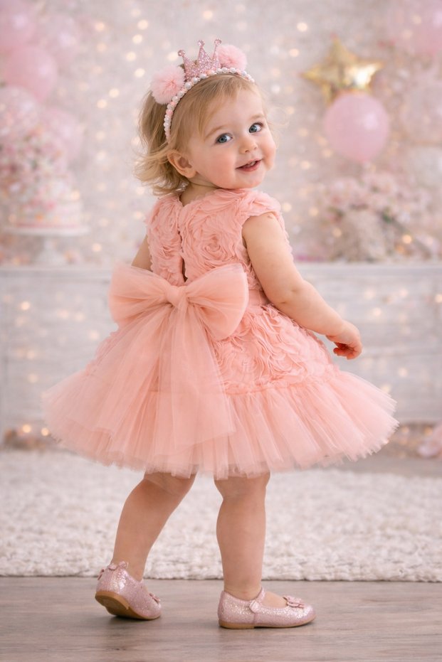 Mira Rose Embossed Baby Girl Dress with Bow on the Back