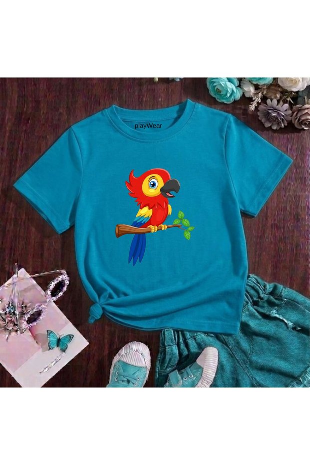 Cartoon Figure Parrot Printed 100% Kids Unisex T-Shirt 5 6 -7 8-9 10 -11 12 Years Old