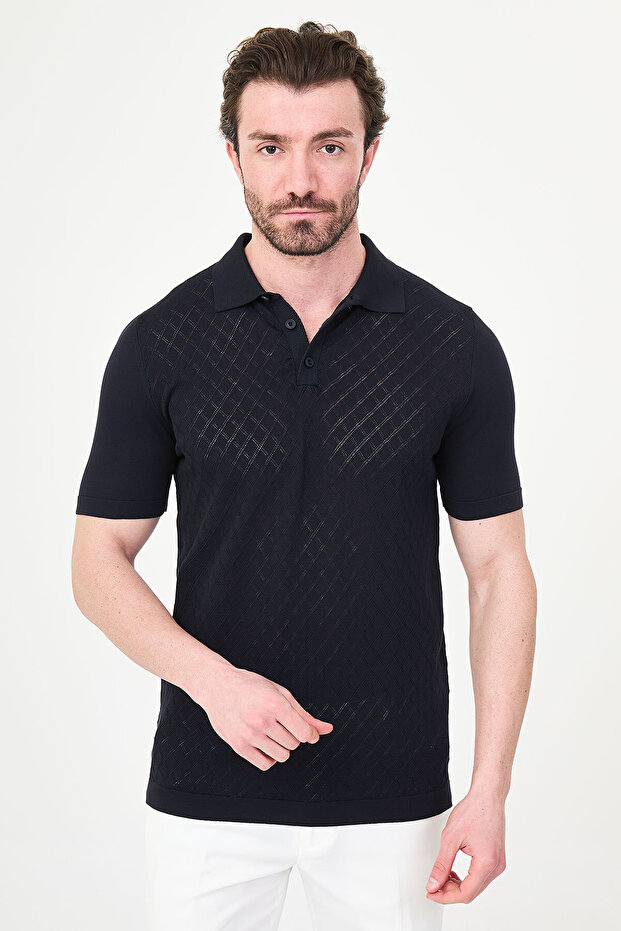 Patterned Slim Fit Polo Collar Men's Knitwear T-Shirt Navy Blue - 11586.26Y