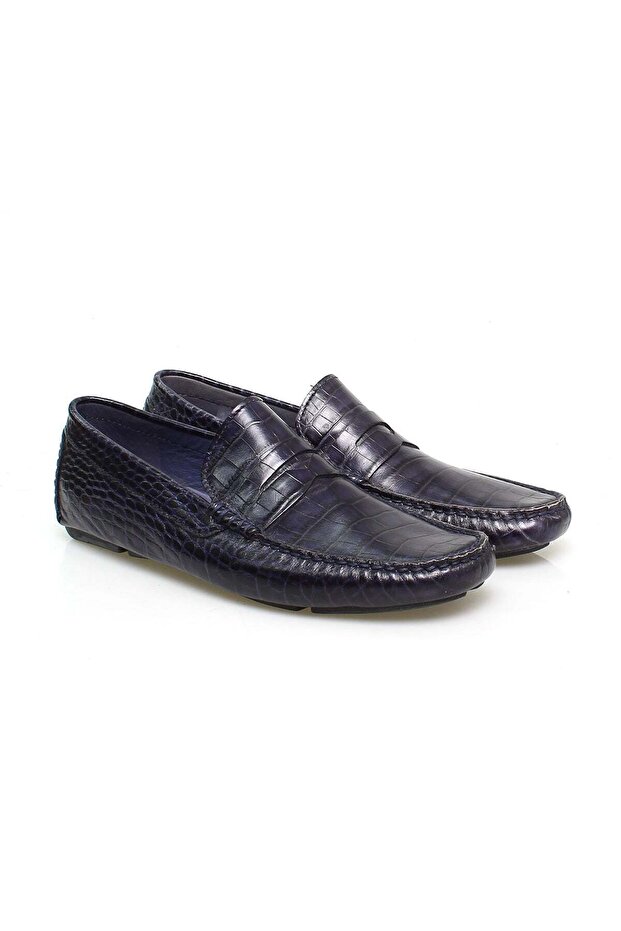 Dark Blue Color Laceless Genuine Leather Men's Shoes