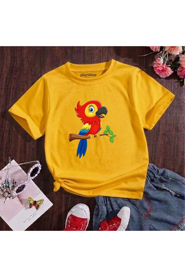 Cartoon Figure Parrot Printed 100% Kids Unisex T-Shirt 5 6 -7 8-9 10 -11 12 Years Old