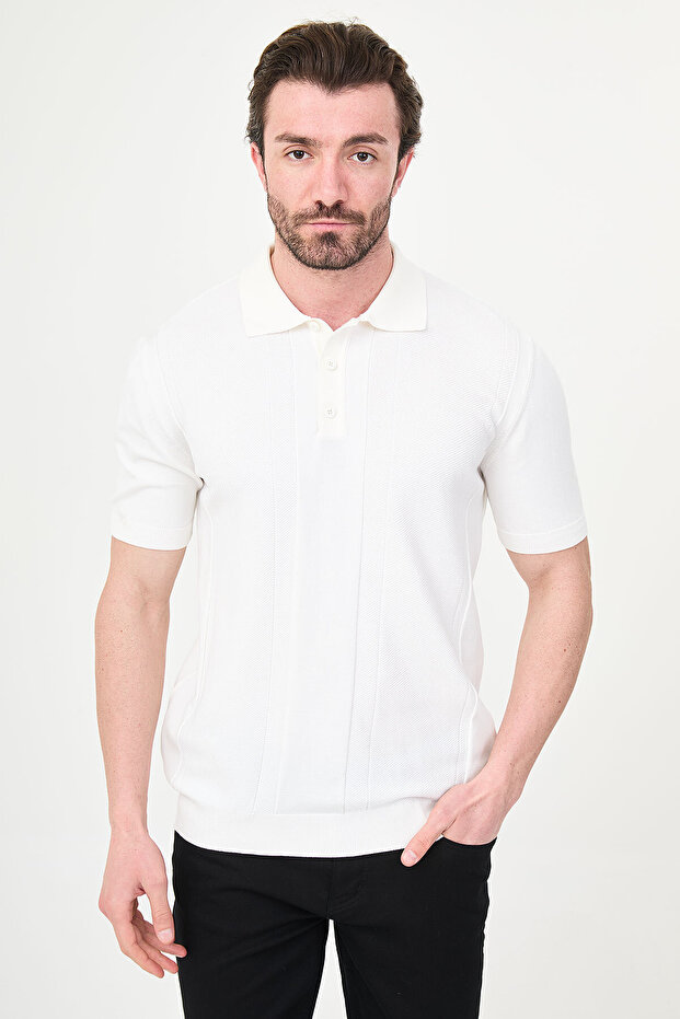 Patterned Slim Fit Polo Collar Men's Knitwear T-Shirt Ecru - 11587.26Y