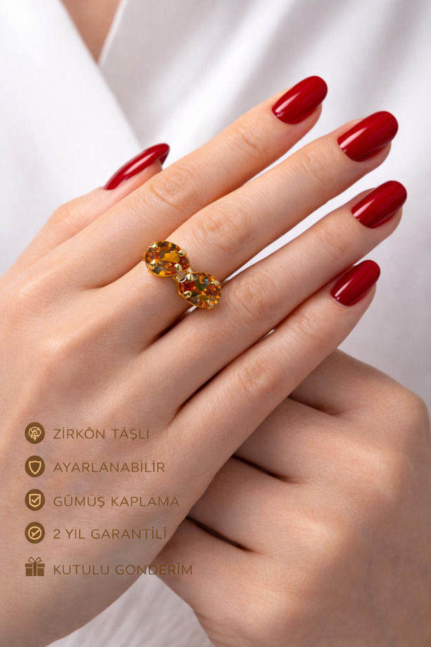 Double Coral Marquise Cut Zircon Double Stone Ring – Silver Adjustable Elegant Ring