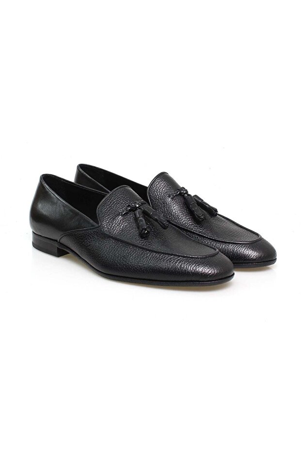 Black Color Laceless Genuine Leather Leather Sole Men's Shoes