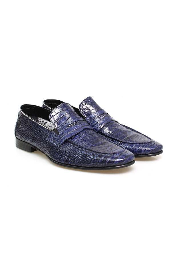 Dark Blue Color Laceless Genuine Leather Men's Shoes