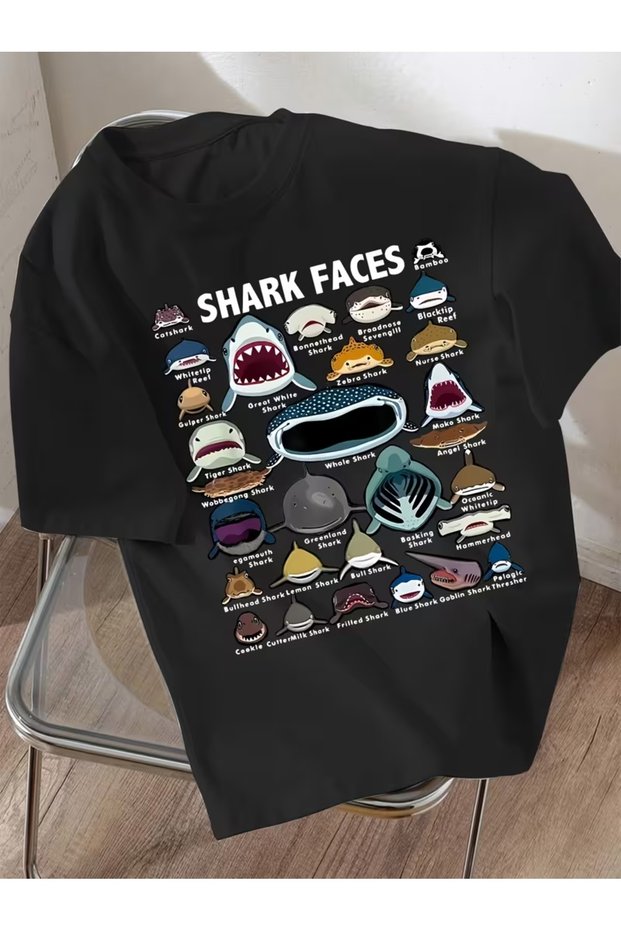 Unisex Sharks Printed Oversize Crew Neck T-Shirt
