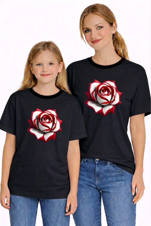 Mother Daughter Combination Oversize T-Shirt Twin T-Shirt White Rose Printed (Single Price)