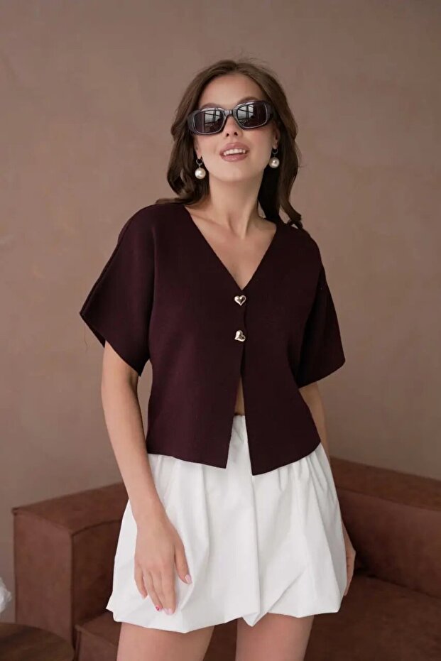 12103 Gold Button Detail Soft Textured Short Sleeve Viscon Knitwear Cardigan