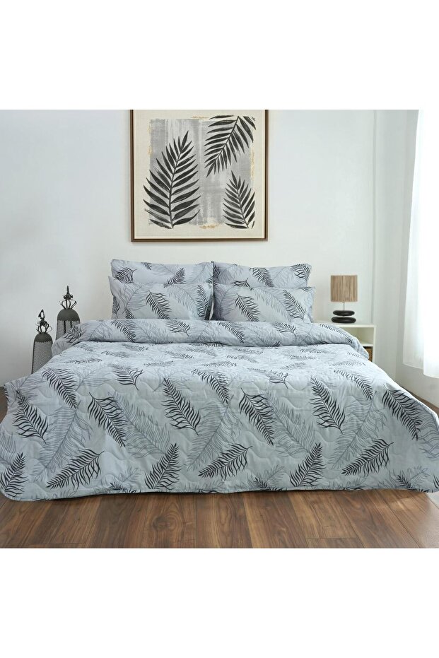 Double Gray Feather Pattern Multi-Purpose Bedspread & Pique Set with 4 Pillowcases and Elastic Sheets