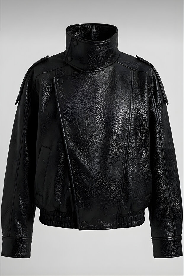 Women's Black Oversize Leather Jacket Stand Collar Biker Model Faux Leather Bomber Jacket Asymmetrical Zipper