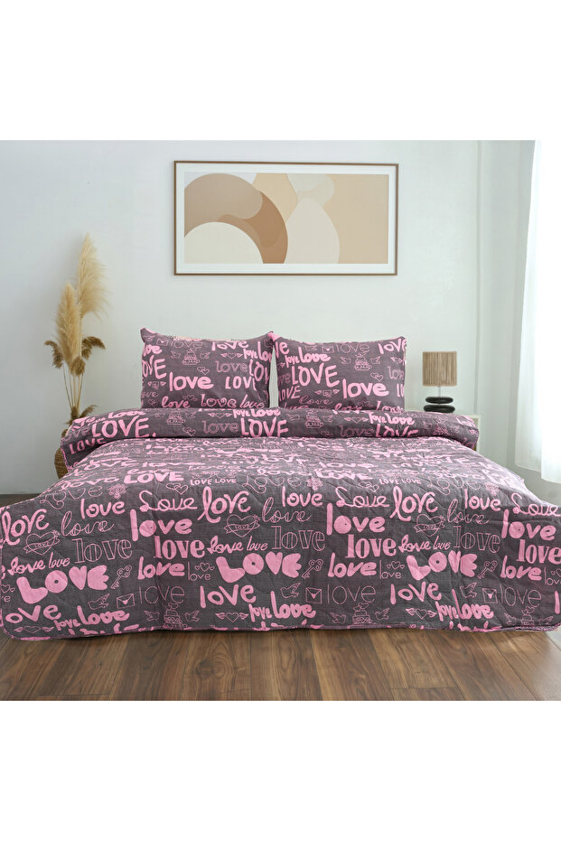 Double Love Patterned Multi-Purpose Bedspread & Pique Set with 4 Pillowcases and Elastic Sheets