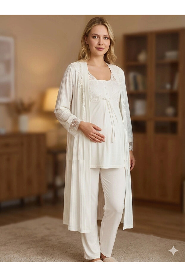 6205 Women's 3-Piece Jacquard Maternity Pajama Set with Dressing Gown