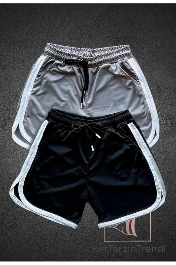 Grey-Black Mesh Basketball Training Athlete Shorts with Stripe Detail Set of 2-Basketball Football Fitness Shorts