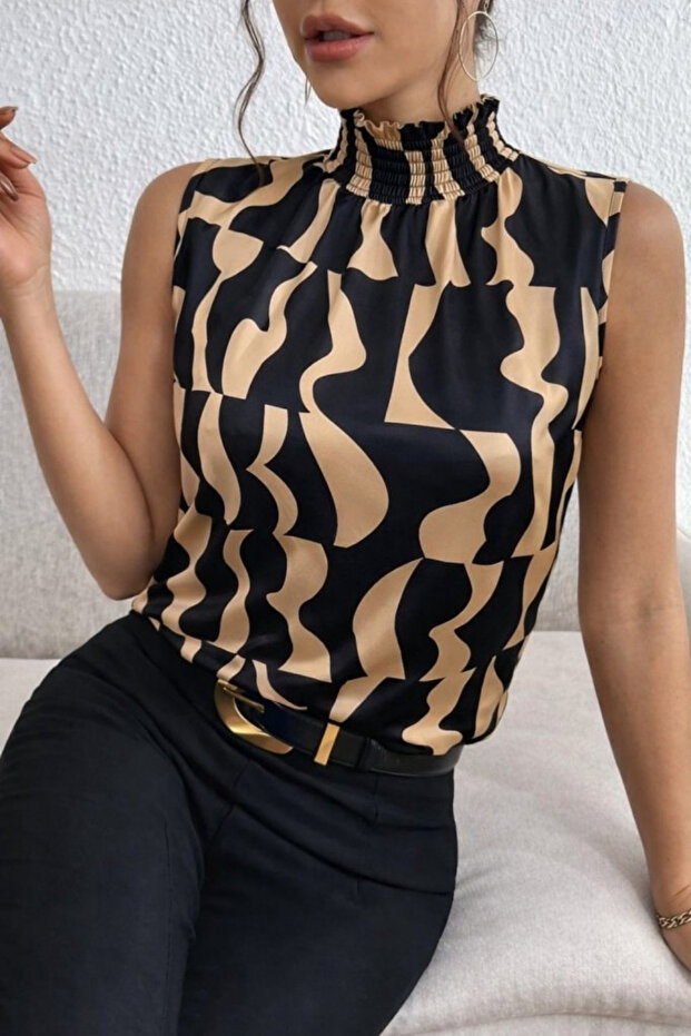 New Season Women's Sleeveless Turtleneck Patterned Single Jersey Blouse